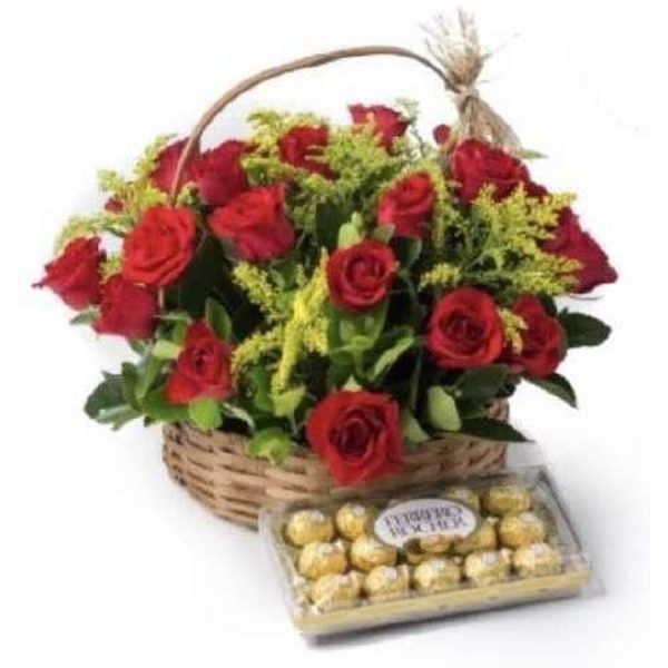 Cesta de Rosas Vermelhas com Chocolate