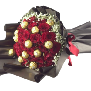buque de rosas vermelhas com chocolate